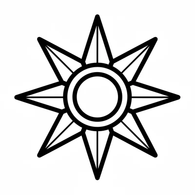 A mandala shaped like a compass rose with 8 points, 4 large main points and 4 coloring page