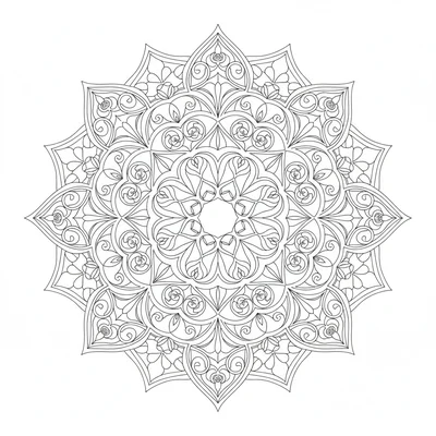 A mandala that reads as a stained glass window design, 16 sections with 6 coloring page