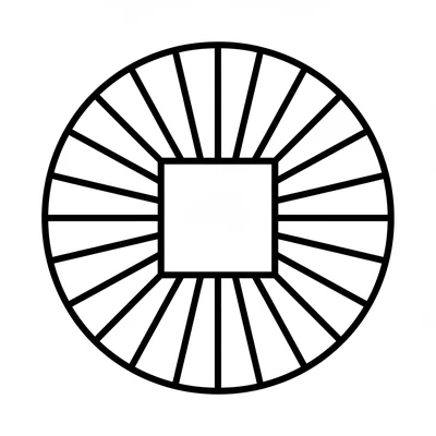 A mandala with 4 large fan shapes arranged around a central square, each fan coloring page