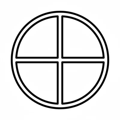 A mandala with 4 large quarter-circle sections divided by a bold cross through coloring page