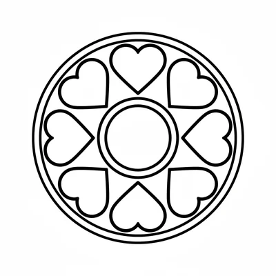 A mandala with 6 large heart shapes arranged in a ring around a central circle coloring page
