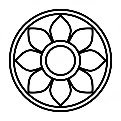 A mandala with 6 large pointed arch shapes arranged around the center, like coloring page