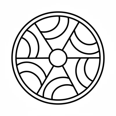A mandala with 6 large sections like orange slices all pointing inward coloring page