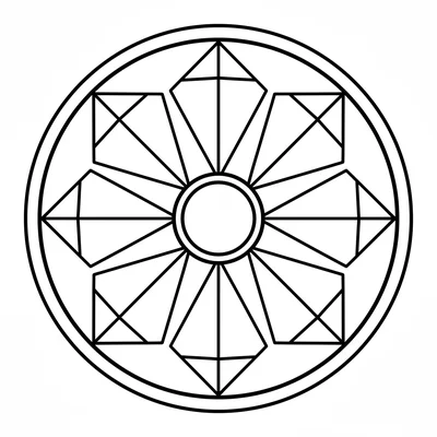 A mandala with 8 large kite shapes arranged around the center, kite tails coloring page