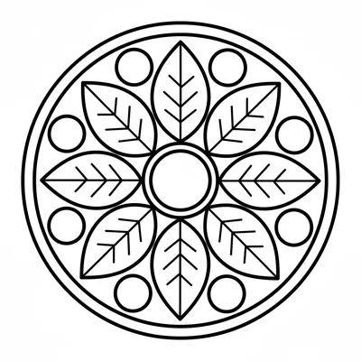 A mandala with 8 large leaf shapes pointing inward to a central dot, a ring coloring page