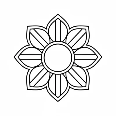 A mandala with 8 large petals that each contain a simple vertical stripe coloring page