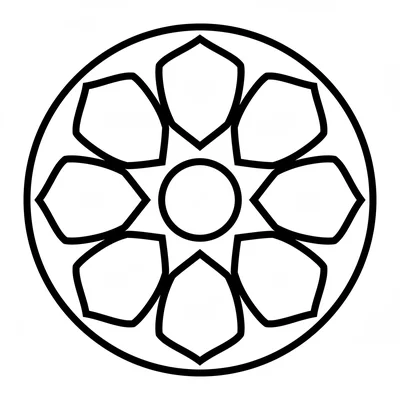 A mandala with 8 large shield shapes pointing outward, each shield a simple coloring page