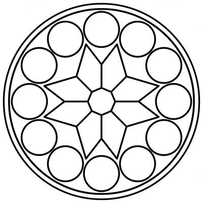 A simple mandala with a large 8-point star in the center, surrounded by a ring coloring page