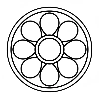 A mandala with a large daisy pattern, 8 big rounded petals in one ring, a large coloring page