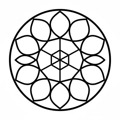 A mandala with a large inner hexagon divided into 6 equilateral triangles coloring page