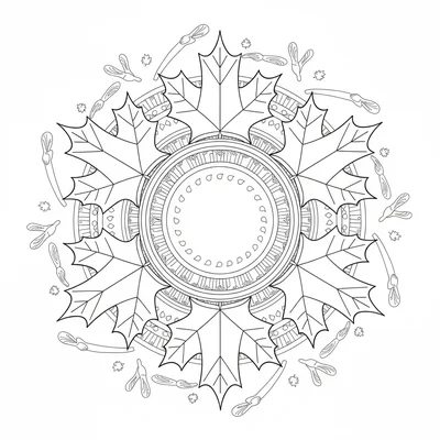 A maple leaf mandala with 6 large stylized maple leaf shapes radiating coloring page