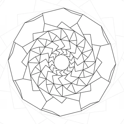 A mathematical spiral mandala where geometric shapes follow a spiral path coloring page