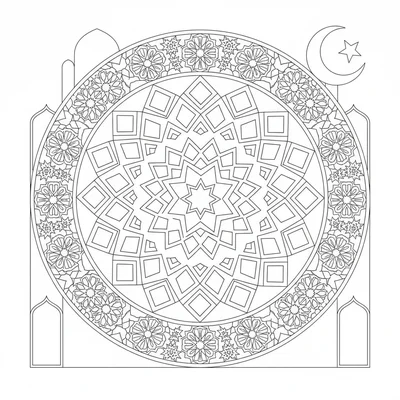 A Moorish geometric mandala with a central 12-pointed star, 8-12 sections coloring page