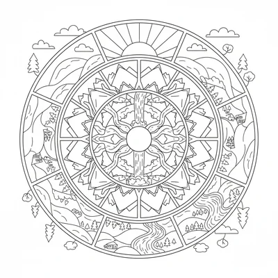 A mountain and river mandala where stylized mountain outline drawings coloring page