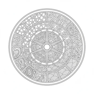 A multi-vocabulary mandala with 16 sections and 8 rings coloring page