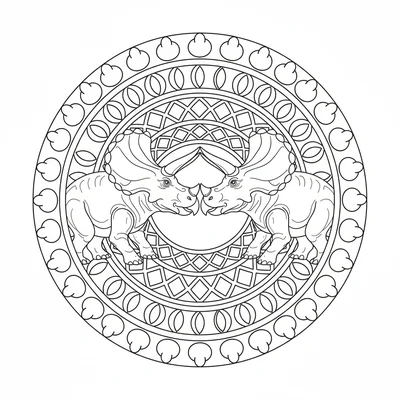 A pair of Triceratops facing each other nose to nose forming a mirror-image man… coloring page
