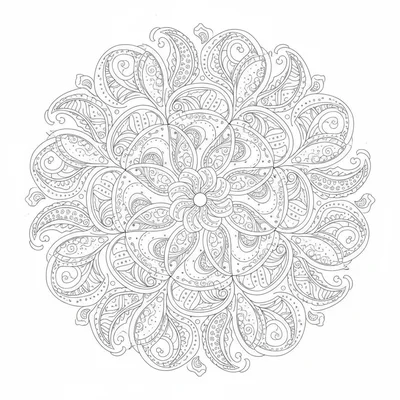 A paisley mandala with 16 paisley shapes in the outer ring, 8 in the middle coloring page
