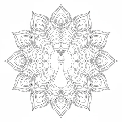 A peacock-tail mandala with 12 sections shaped like peacock tail feathers, each coloring page