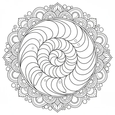 A Plesiosaur curled into a nautilus spiral forming a mandala, its long neck for… coloring page