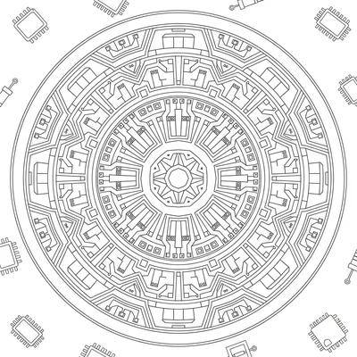 A radially symmetrical circuit board-inspired geometric mandala with 8 sections coloring page