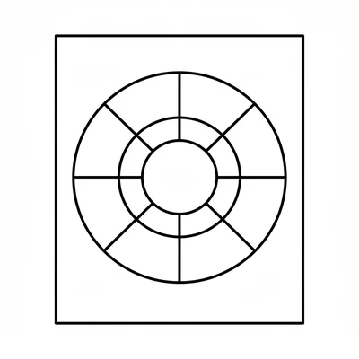 A simple ring mandala: 3 concentric circles divided by 8 straight spokes coloring page