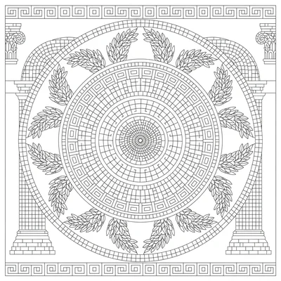 A Roman mosaic-inspired mandala with 8 sections of small square tiles arranged coloring page