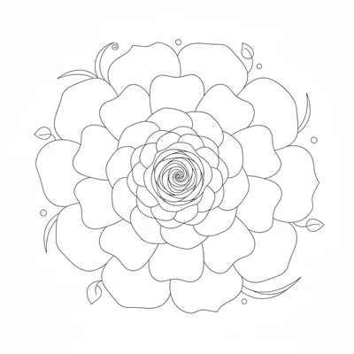 A rose mandala with spiraling petals building from the center outward coloring page