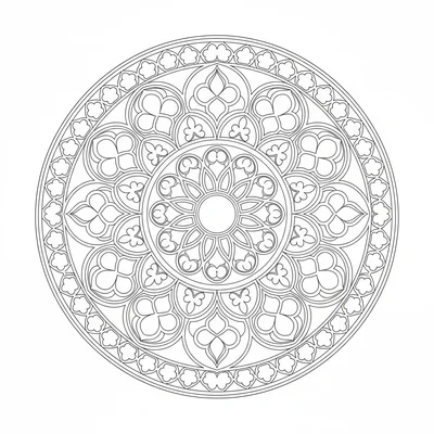 A rose window mandala in the style of Gothic cathedral windows, with 12 lancet coloring page