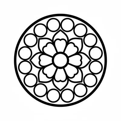 A simple rose window mandala with 12 round circles arranged in a ring just coloring page
