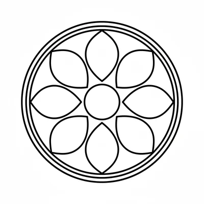 A round mandala made of 8 large teardrop shapes pointing outward coloring page
