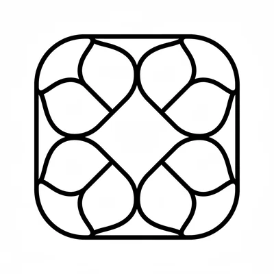 A rounded square mandala with 4 large petal shapes filling each corner area coloring page