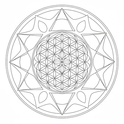 A sacred geometry mandala with 12-fold symmetry combining the Flower of Life coloring page