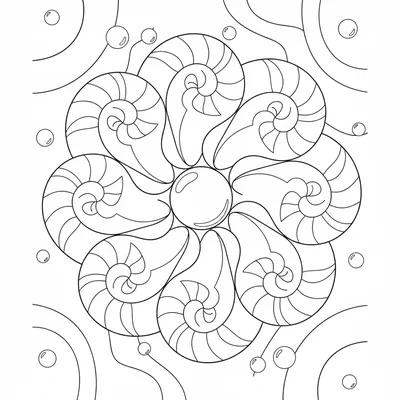 A seashell mandala with 8 simplified nautilus shell cross-sections arranged coloring page