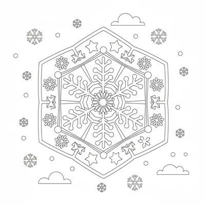 A snowflake mandala with 6-fold symmetry, each arm showing simplified branch coloring page