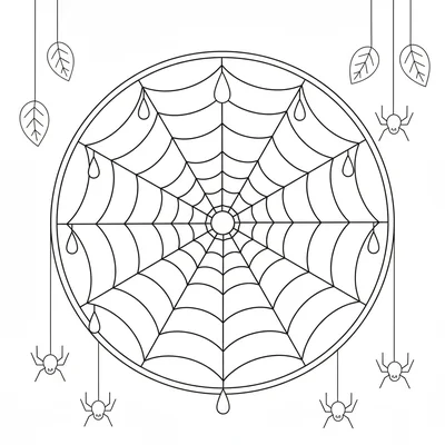 A spider web mandala with 8 spoke threads radiating from the center, connected coloring page