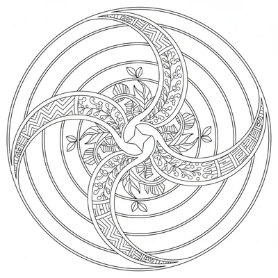 A spiral mandala where 4 primary spirals interleave across 7 rings, each spiral coloring page