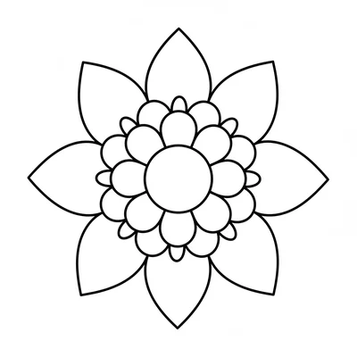 A spring flower mandala with 6 large petals in one ring and 6 smaller rounded coloring page