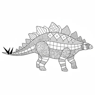 A Stegosaurus body zentangle in side profile, the plates along the back each fi… coloring page