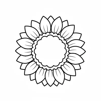 A sunflower mandala with 12 large rounded petals in one outer ring and a large coloring page
