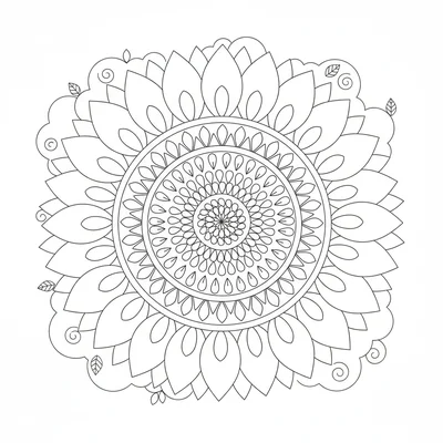 A sunflower mandala with 20 outer petals in one ring, a ring of 20 inner coloring page