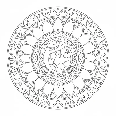 A T-Rex egg as the mandala center, cracks in the shell forming the innermost pa… coloring page