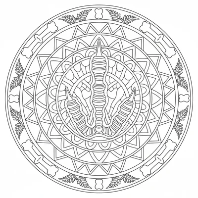 A T-Rex footprint as the central motif of a mandala, the three-toed print formi… coloring page