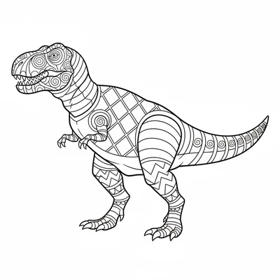 A T-Rex full body zentangle, the entire body divided into large decorative zone… coloring page