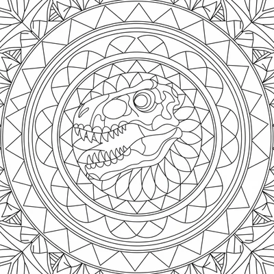 A T-Rex head in profile forming the central medallion of a mandala, its jaw sty… coloring page