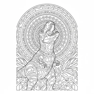 A T-Rex roaring upward forming the centerpiece of a vertical mandala, its open… coloring page