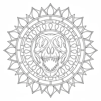 A T-Rex skull front view as mandala center, the jaw open to form the bottom hal… coloring page