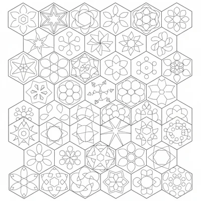 A tessellation abstract design using regular hexagons tiled to fill coloring page