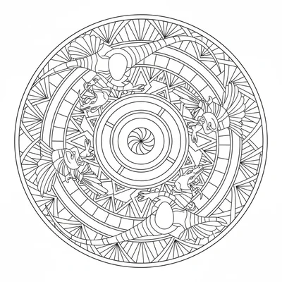 Three Velociraptor silhouettes chasing each other in a circular mandala formati… coloring page