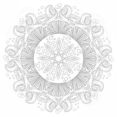 A tidal pool mandala with sea anemone tentacles framing the outer ring, sea coloring page