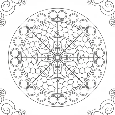 A tile-grid mandala with 8 sections, each section containing a different simple coloring page